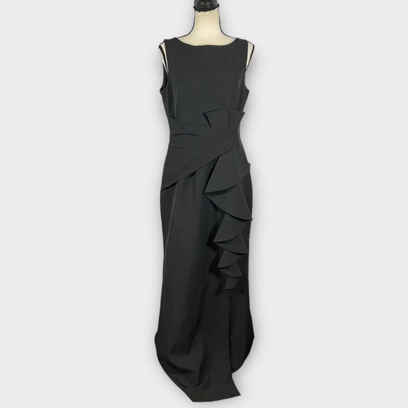 Eliza J Ruffle Front Gown Women's 4 Black Sleeveless Maxi Slit Bateau Neck NWOT - Picture 3 of 11
